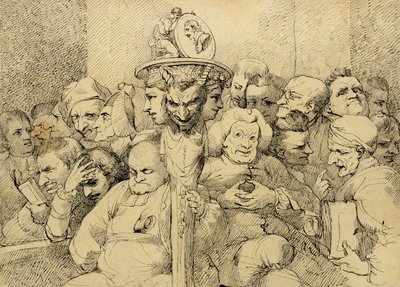 Litterære karakterer samlet rundt medaljongen til Shakespeare av John Hamilton Mortimer