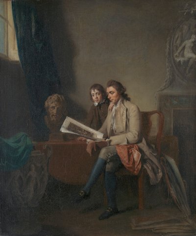 Portrett av en mann og en gutt som ser på utskrifter av John Hamilton Mortimer
