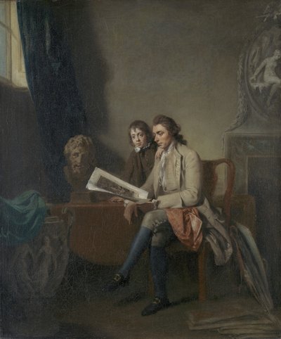 Portrett av en mann og en gutt som ser på trykk, ca. 1765-70 av John Hamilton Mortimer