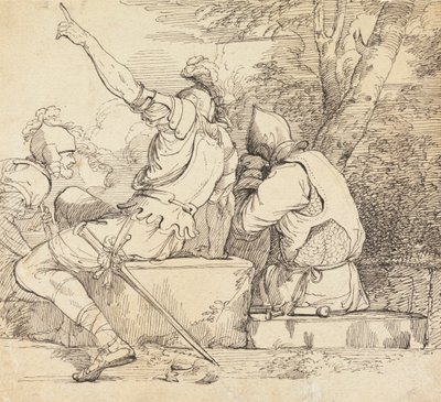 Tre soldater i rustning sitter på steinblokker av John Hamilton Mortimer