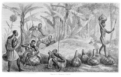Waganda brygger Pombe, fra 'Journal of the discovery of the source of the Nile', 1864 av John Hanning Speke