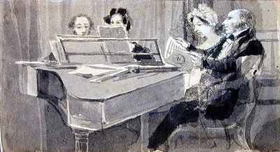 En musikalsk aften (akvarell og gouache på papir) av John Harden