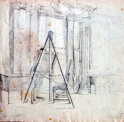 En kunstner ved staffeli (blyant på papir) av John Harden