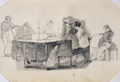 An Evening at Home, 1804 (penn og blekk på papir) av John Harden