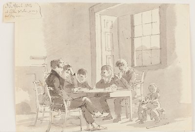 Gutter som leser på Storrs, Elterwater, 1814 (penn og blekk med vask på papir) av John Harden