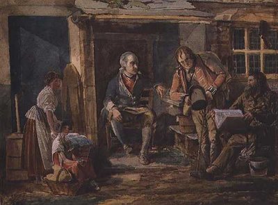 Gruppe inkludert en soldat utenfor en hyttedør (akvarell på papir) av John Harden
