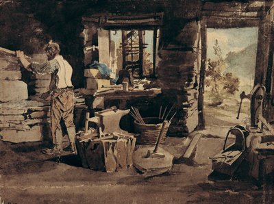 Interiør i Smithy, Ambleside (wc på papir) av John Harden