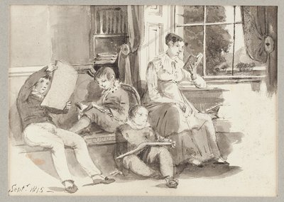 Jessy og tre barn, 1815 (wc på papir) av John Harden
