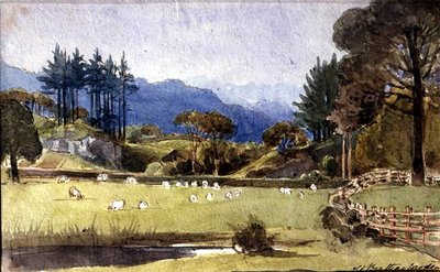 Langdale fra North Shore of Windermere (akvarell på papir) av John Harden