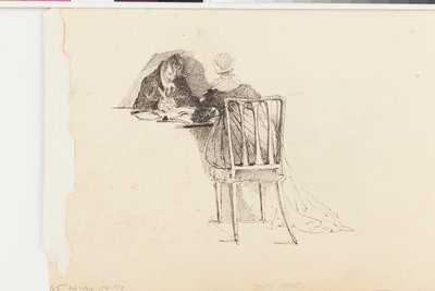 Mann og kvinne skriver ved et bord (penn og blekk på papir) av John Harden