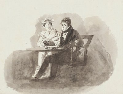 Mann og kvinne leser (wc på papir) av John Harden