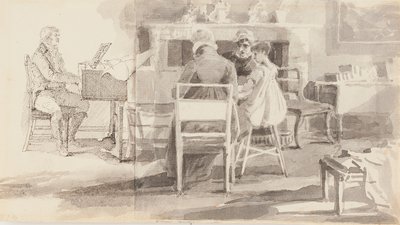 Mann ved pianoet med tre andre sittende (penn og blekk med akvarell på papir) av John Harden