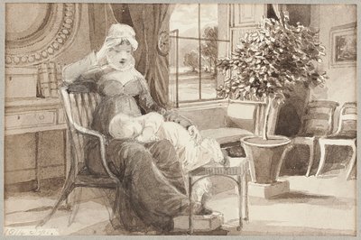 Fru H med babyen John William, 1814 (wc på papir) av John Harden