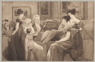 Syng rundt et piano, 1806 (wc på papir) av John Harden