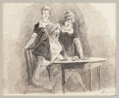 Tre ved et bord, en sittende, 1807 (blyant og vask på papir) av John Harden