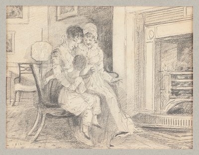 Tre ved bålet, med John W på 3 år, 1812 av John Harden