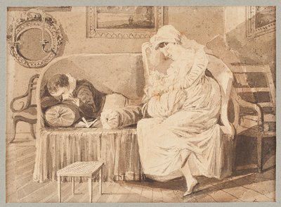 Tre på en sofa, 1805 (wc på papir) av John Harden