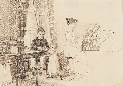To barn og en kvinne ved pianoet, 1807 av John Harden