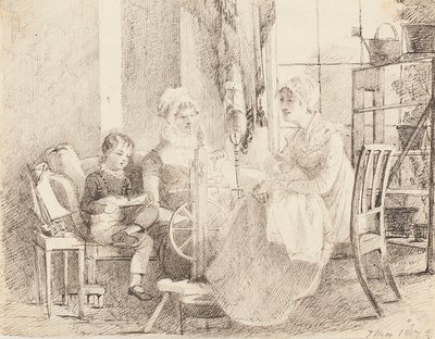 Kvinner ved spinnehjulet og en gutt med en lekebåt, 1807 av John Harden