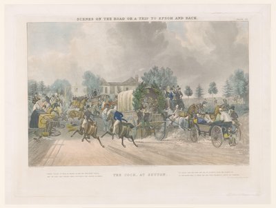 Gezicht op Sutton High Street bij de Cock herberg The Cock, at Sutton (title on object) Straatgezichten rondom Epsom (series title) Scenes on the road, or a trip to Epsom and back (series title)   1369459   no       norwegian Successfully Translated  Origi av John Harris