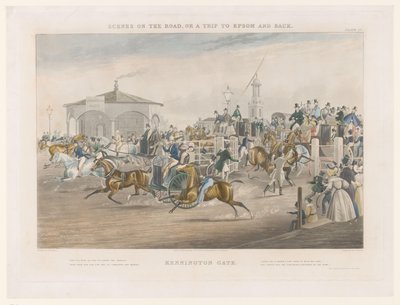 Utsikt over bomstasjonen i det travle krysset mellom Kennington Park og Camberwell New Road Kennington Gate (tittel på objekt) Gatelandskap rundt Epsom (serietittel) Scener på veien, eller en tur til Epsom og tilbake (serietittel) av John Harris