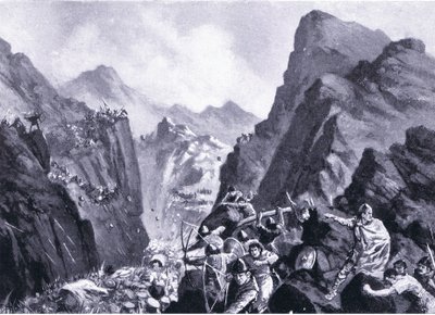Utslettelse av den greske hæren, illustrasjon fra Hutchinsons History of the Nations VOL 4 ca. 1920-tallet av John Harris Valda