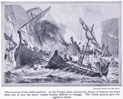 Slaget ved Salamis: Da de persiske skipene kom inn i Salamis-stredet, blåste vinden og de ble vanskelige å håndtere, ca. 1950 av John Harris Valda