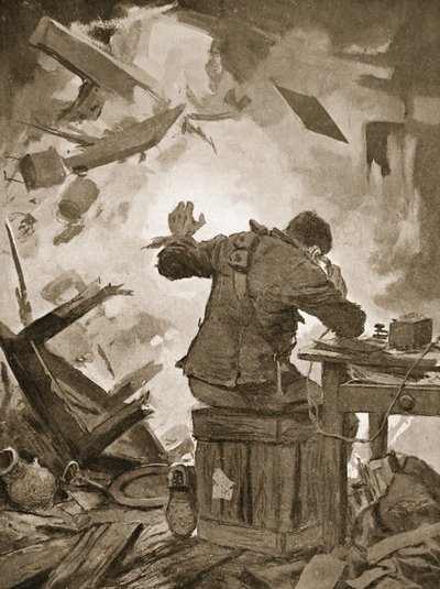 Bombardier French avslutter meldingen sin etter at et granat hadde kommet gjennom rommet der han ringte (litho) av John Harris Valda