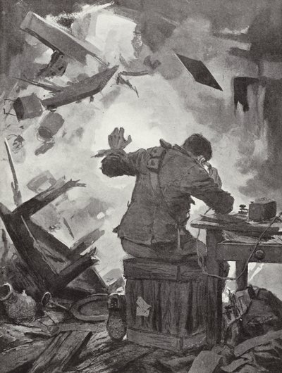 Bombardier W H French avsluttet meldingen sin etter at et granat hadde kommet gjennom rommet der han ringte, Helpegarde, første verdenskrig av John Harris Valda