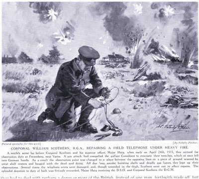Korporal William Scothern RGA som reparerte en felttelefon under kraftig ild ble tildelt DCM Ypres mai 1915 av John Harris Valda