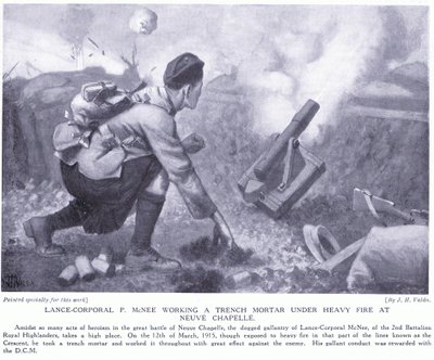 Underkorporal P McNee arbeider med en grøftemørtel under kraftig ild ved Neuve Chapelle av John Harris Valda