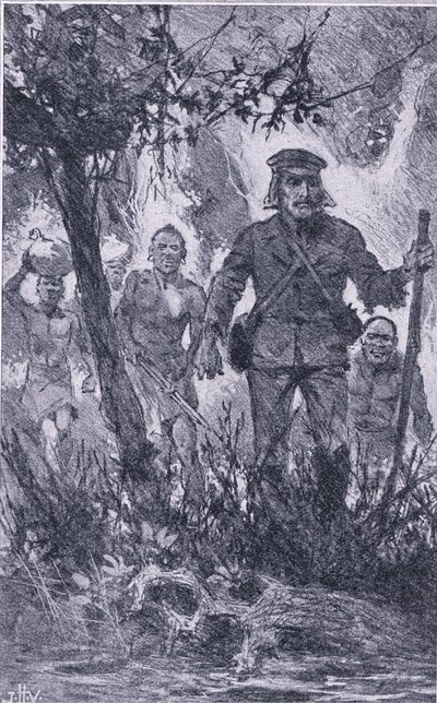 Livingstone skjøt mot løven, men løven angrep ham og bet skulderen hans og brakk venstre arm, Newnes Pictorial Knowledge utgitt av Newnes, ca. 1950-tallet (litho) av John Harris Valda