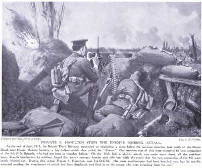Menig F Hamilton tildelte DCM ved å stoppe fiendens bombeangrep juli 1915 ved Hooge av John Harris Valda