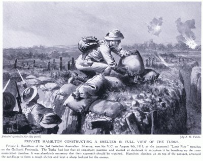 Privat Hamilton konstruerer et tilfluktsrom med full utsikt over tyrkerne ved Lone Pine-skyttergravene på Gallipoli-halvøya august 1915 av John Harris Valda