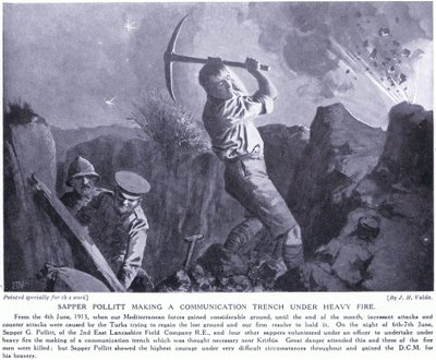 Sapper Pollitt laget en kommunikasjonsgrøft under kraftig ild på Gallipoli-halvøya juni 1915 av John Harris Valda