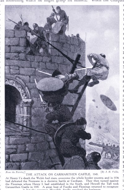 Angrepet på Carmarthen Castle AD1136, 1920-tallet av John Harris Valda