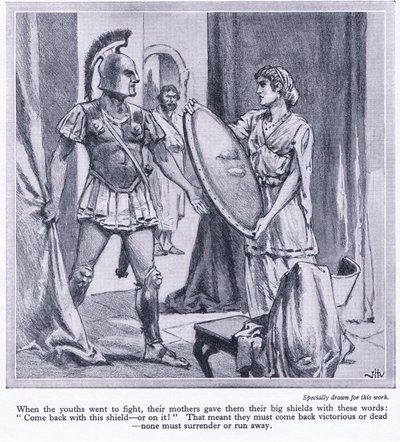 Da spartanske ungdommer gikk for å kjempe, ga moren dem de store skjoldene deres med ordene, 2kom tilbake med dette skjoldet eller på det, ca. 1950 av John Harris Valda