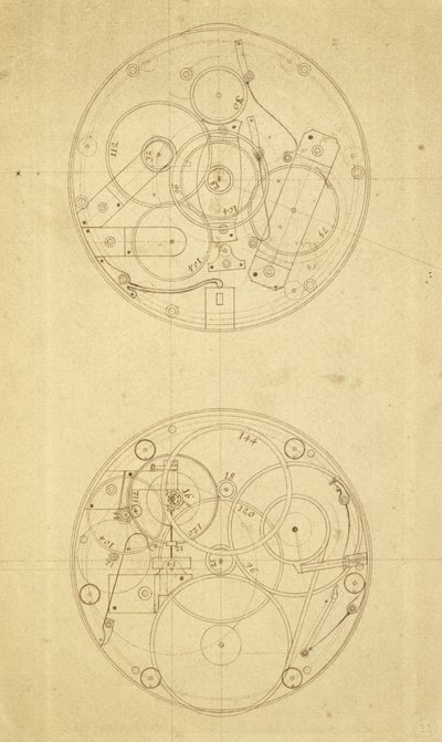 Bevegelsen til H.4, en lengdetidsmåler designet og tegnet av John Harrison, ca. 1760-72 (blekk på papir) av John Harrison