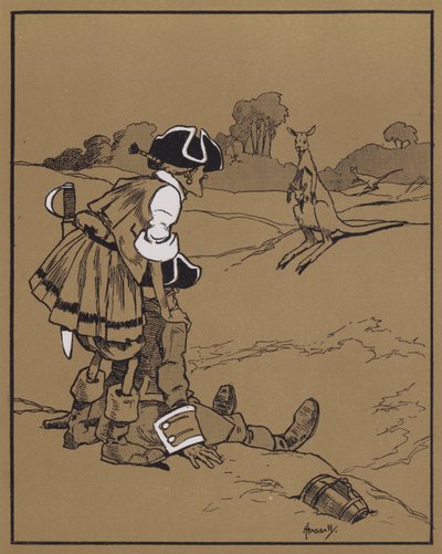 Oppdagelsen av kenguruen (farge litho) av John Hassall