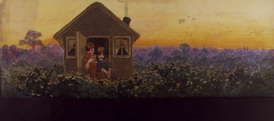 Tretoppene ved solnedgang ett år senere: Peter i det lille huset med Wendy på hennes årlige vårrengjøringsbesøk, illustrasjon til 