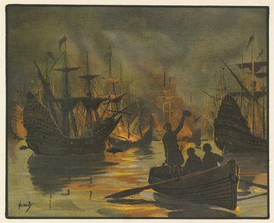 Den uovervinnelige Armada angrepet av brannskip (farge litho) av John Hassall