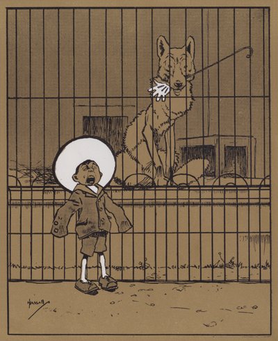 "Besøkende som stikker hendene gjennom skinnene rådes til å se at de får dem tilbake" (farge litho) av John Hassall