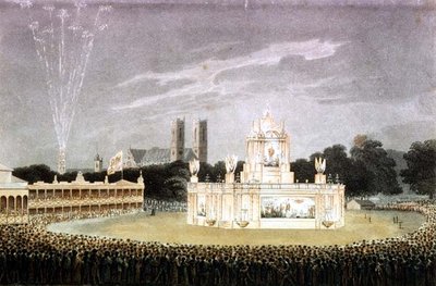 Fyrverkeri som ble holdt i Green Park for å feire nederlaget til Napoleon, gravert av puben Matthew Dubourg. 1814 (gravering) av John Heaviside (after) Clark