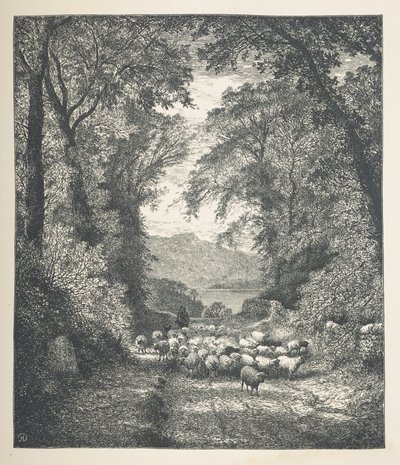 Plate 4. Sauer blir kjørt av en gjeter, langs en sti.  Naturbilder. En serie på tretti originale illustrasjoner tegnet på tre av J. H. Dell, og gravert av R. Paterson.  John Henry Dell av John Henry Dell