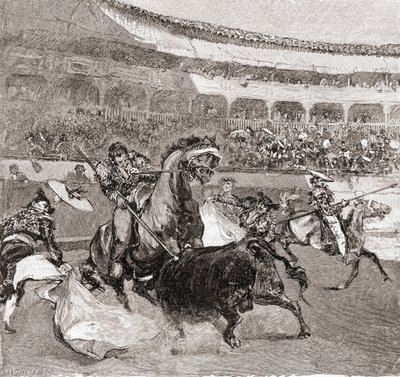 En tyrefekting i Sevilla, Spania, fra The Century Illustrated Monthly Magazine, utgitt 1884 (tregravering) av John Henry Ellsworth Whitney