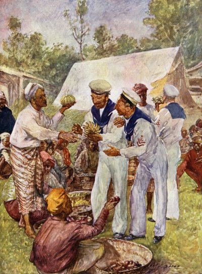Britisk jack tars på et burmesisk marked (farge litho) av John Henry Frederick (after) Bacon