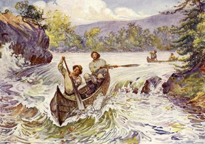 Kanadiere skyter stryk i kanoer (farge litho) av John Henry Frederick (after) Bacon