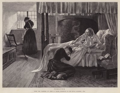 Forgiven, maleri av John H Bacon utstilt på Royal Academy i 1891 (litho) av John Henry Frederick (after) Bacon