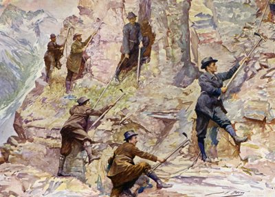 Fjellklatring i British Columbia (farge litho) av John Henry Frederick (after) Bacon