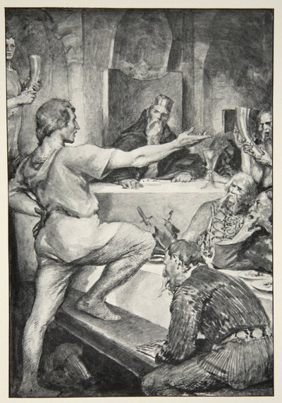 Beowulf svarer hovmodig til Hunferth, fra "Hero Myths and Legends of the British Race" av M.I. Ebbutt, 1910 av John Henry Frederick Bacon